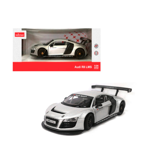 Rastar Audi R8 LMS, Audi R8 igračka, Audi R8 LMS model, metalni automobil 1:24, Rastar automobil 1:24, Audi metalni autić, trkački automobil igračka, licencirani Audi model, kolekcionarski model automobila, srebrni Audi R8, Audi Sport autić, metalni sportski automobil, automobil sa otvarajućim vratima, die cast Audi R8, poklon za ljubitelje automobila
