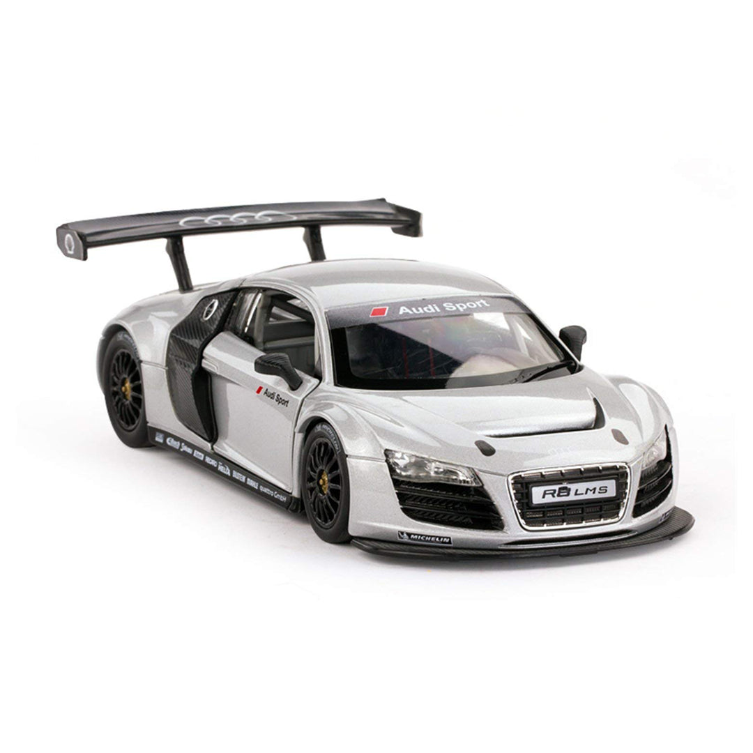 Rastar Audi R8 LMS, Audi R8 igračka, Audi R8 LMS model, metalni automobil 1:24, Rastar automobil 1:24, Audi metalni autić, trkački automobil igračka, licencirani Audi model, kolekcionarski model automobila, srebrni Audi R8, Audi Sport autić, metalni sportski automobil, automobil sa otvarajućim vratima, die cast Audi R8, poklon za ljubitelje automobila