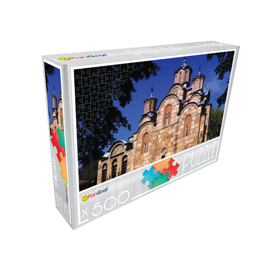 Pan-Graf Manastir Gračanica puzzle, puzzle 500 delova, Gračanica slagalica, manastir Gračanica puzzle, srpski manastiri slagalica, pravoslavni motivi puzzle, puzzle Srbija, slagalica sa manastirom, srpska kulturna baština, Pan-Graf puzzle 500, slagalice za odrasle, verski motivi slagalica, poklon iz Srbije, dekorativna slagalica, istorijske znamenitosti puzzle