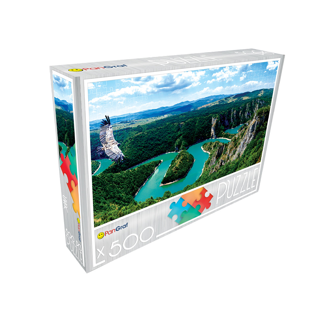 Pan-Graf Uvac puzzle, puzzle 500 delova, Uvac slagalica, meandri Uvca puzzle, reka Uvac slagalica, puzzle Srbija, prirodne lepote Srbije, rezervat Uvac puzzle, slagalica sa prirodom, pejzaž puzzle, Pan-Graf puzzle 500, slagalice za odrasle, poklon iz Srbije, dekorativna slagalica, puzzle sa rekom