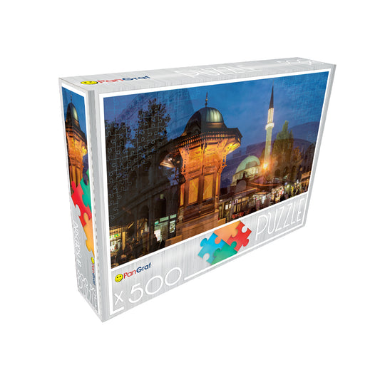 Pan-Graf Baščaršija puzzle, puzzle 500 delova, Baščaršija slagalica, Sarajevo puzzle, Sebilj slagalica, stari grad Sarajevo puzzle, puzzle Bosna i Hercegovina, orijentalna arhitektura puzzle, gradski pejzaž slagalica, Pan-Graf puzzle 500, slagalice za odrasle, večernje Sarajevo puzzle, dekorativna slagalica, suvenir iz Sarajeva, poklon za ljubitelje puzzli