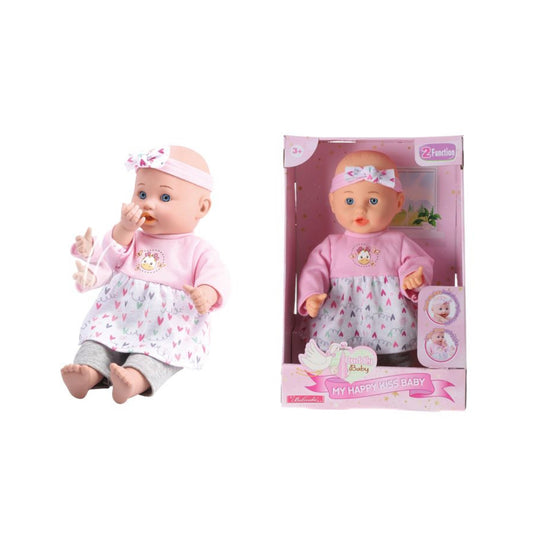 interaktivna beba lutka, beba lutka koja šalje poljubac, lutka sa dve funkcije, My Happy Kiss Baby, beba sa pokretnom rukom, realistična beba lutka, lutka u roze garderobi, interaktivna lutka za decu, beba igračka, lutka za igru uloga, lutka za devojčice, igračka za decu 3 godine, poklon za devojčicu, beba lutka sa funkcijama