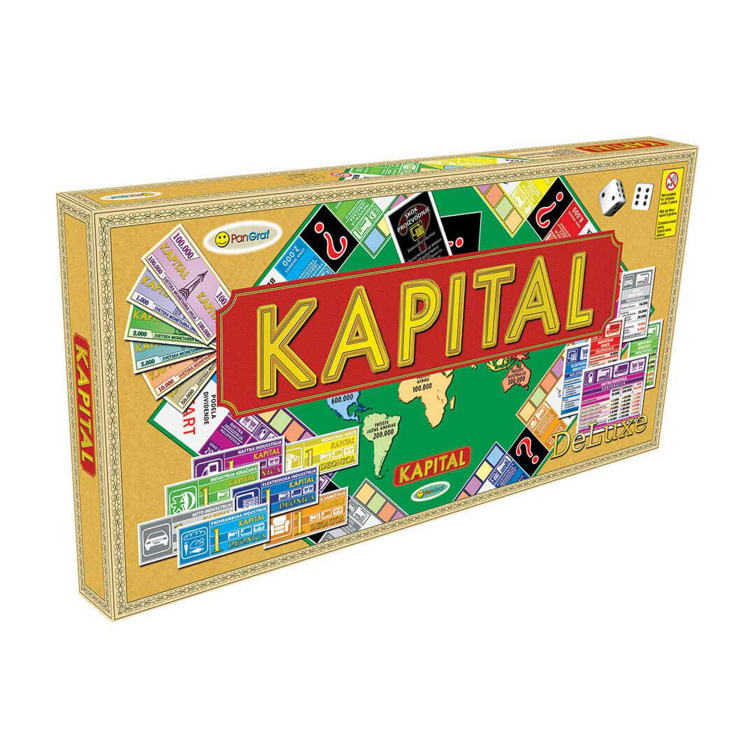 Kapital Deluxe društvena igra, Kapital igra, društvena igra sa novcem, igra kupovine i prodaje, poslovna društvena igra, strateška igra za decu, porodična društvena igra, igra ulaganja, igra sa nekretninama, društvena igra sa karticama i kockicama, edukativna igra o novcu, igra za više igrača, poklon za decu