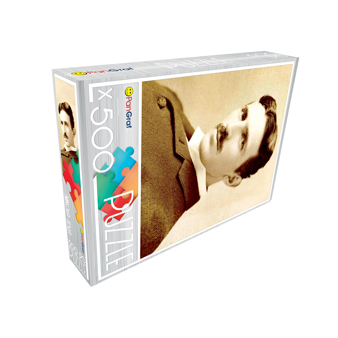 Pan-Graf Nikola Tesla puzzle, puzzle 500 delova, Nikola Tesla slagalica, Tesla puzzle, srpski pronalazači puzzle, naučni motivi slagalica, istorijske ličnosti puzzle, portret Nikole Tesle, Pan-Graf puzzle 500, slagalice za odrasle, edukativna slagalica, poklon za ljubitelje nauke, srpska kulturna baština, dekorativna slagalica, vintage puzzle