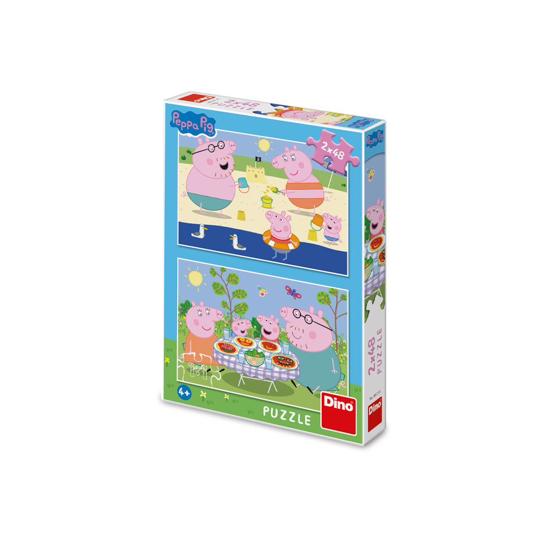 Dino Peppa Pig puzzle, Peppa Pig porodični odmor, puzzle set 2x48 delova, Peppa Pig slagalica, puzzle za decu 4 godine, Peppa Pig porodica, slagalica plaža, porodični piknik puzzle, Dino puzzle za decu, dečije slagalice, edukativne igračke, puzzle sa Pepom Prase, poklon za mališane, slagalice sa crtanim junacima