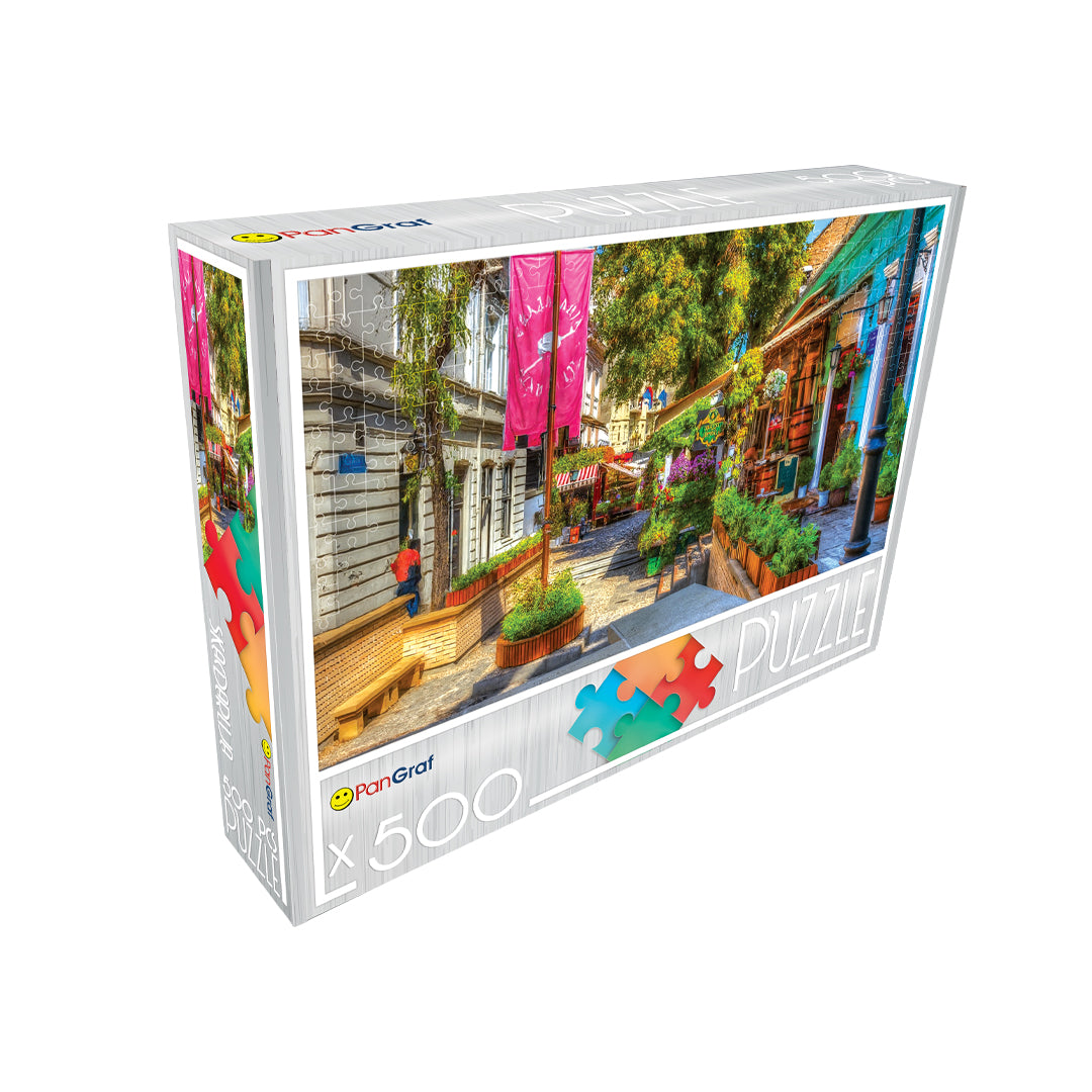 Pan-Graf Skadarlija puzzle, puzzle 500 delova, Skadarlija slagalica, Beograd puzzle, boemska četvrt Beograd, znamenitosti Beograda, puzzle Srbija, kaldrmisana ulica puzzle, gradski pejzaž slagalica, Pan-Graf puzzle 500, slagalice za odrasle, poklon iz Beograda, suvenir Srbija, dekorativna slagalica, stari Beograd puzzle